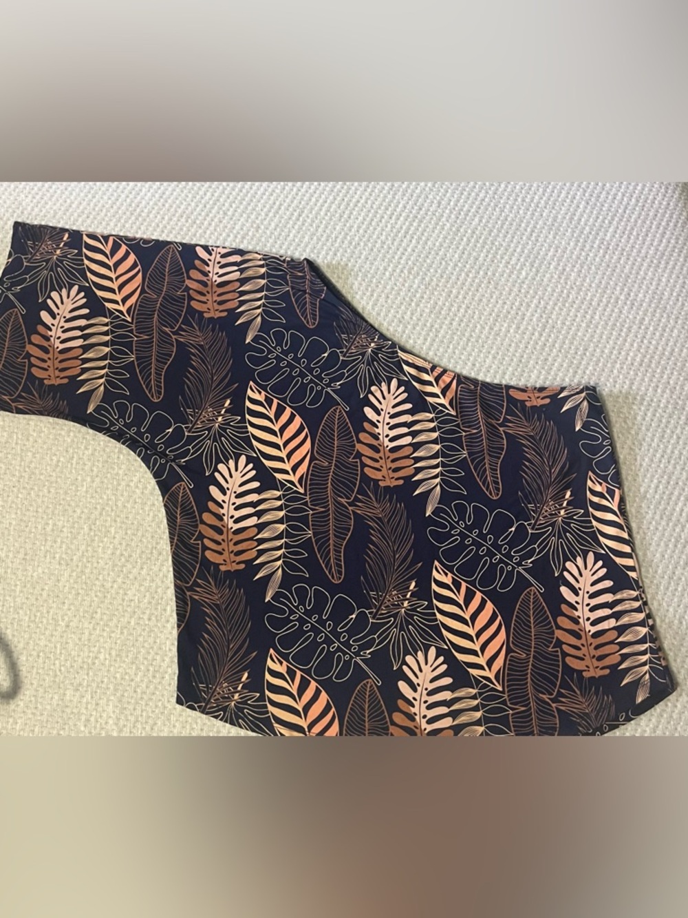 Fighting Eel- One Shoulder Top- Navy with Copper Leaf Print
